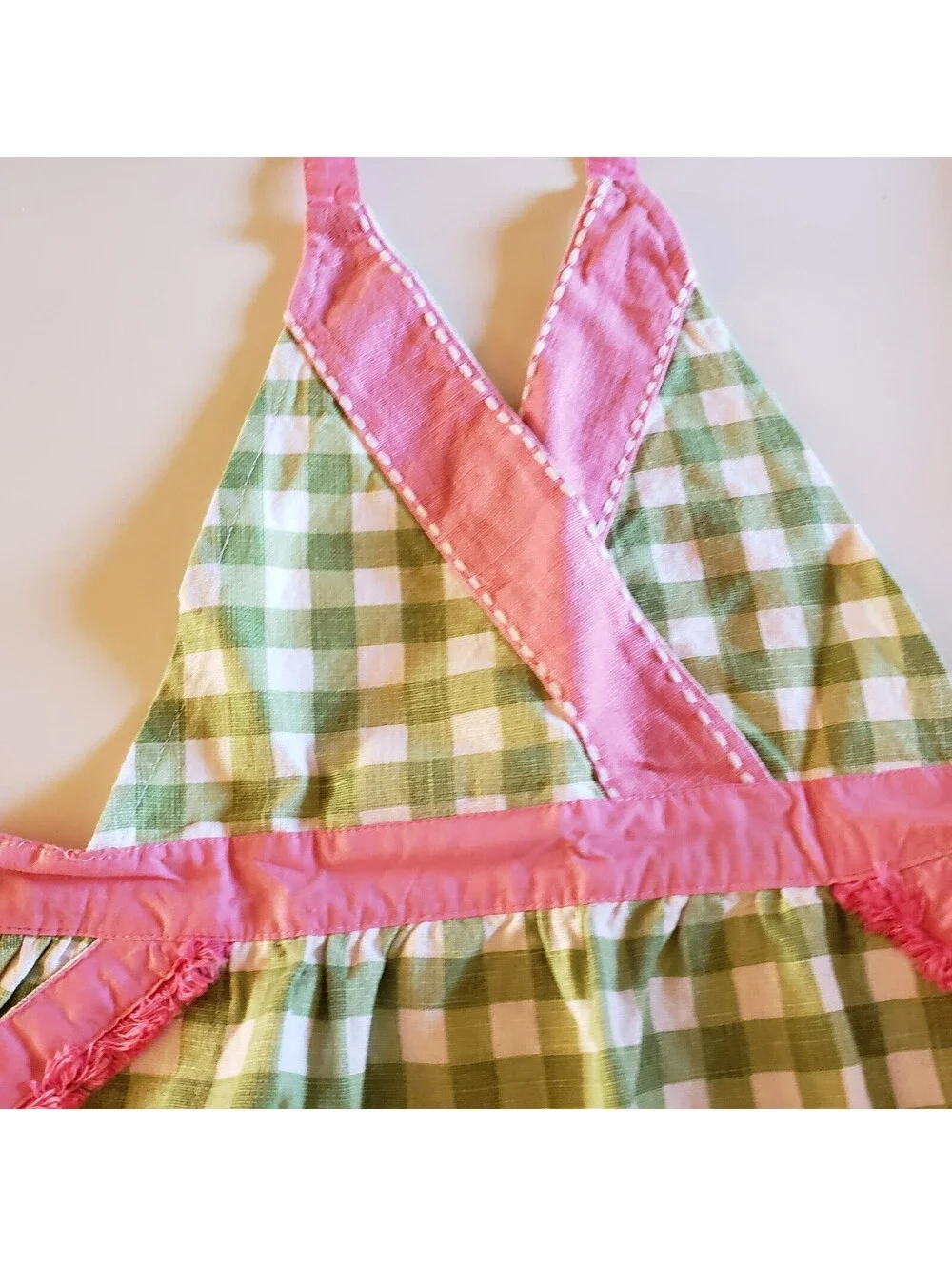Happy Easter Cotton Bib Apron Green Check Pink Trim Embroidered Kitchen Cook